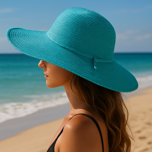 Wide Brim Braded Paper Straw Hat w/ Frill - TQ Blue - HT-ST255BL